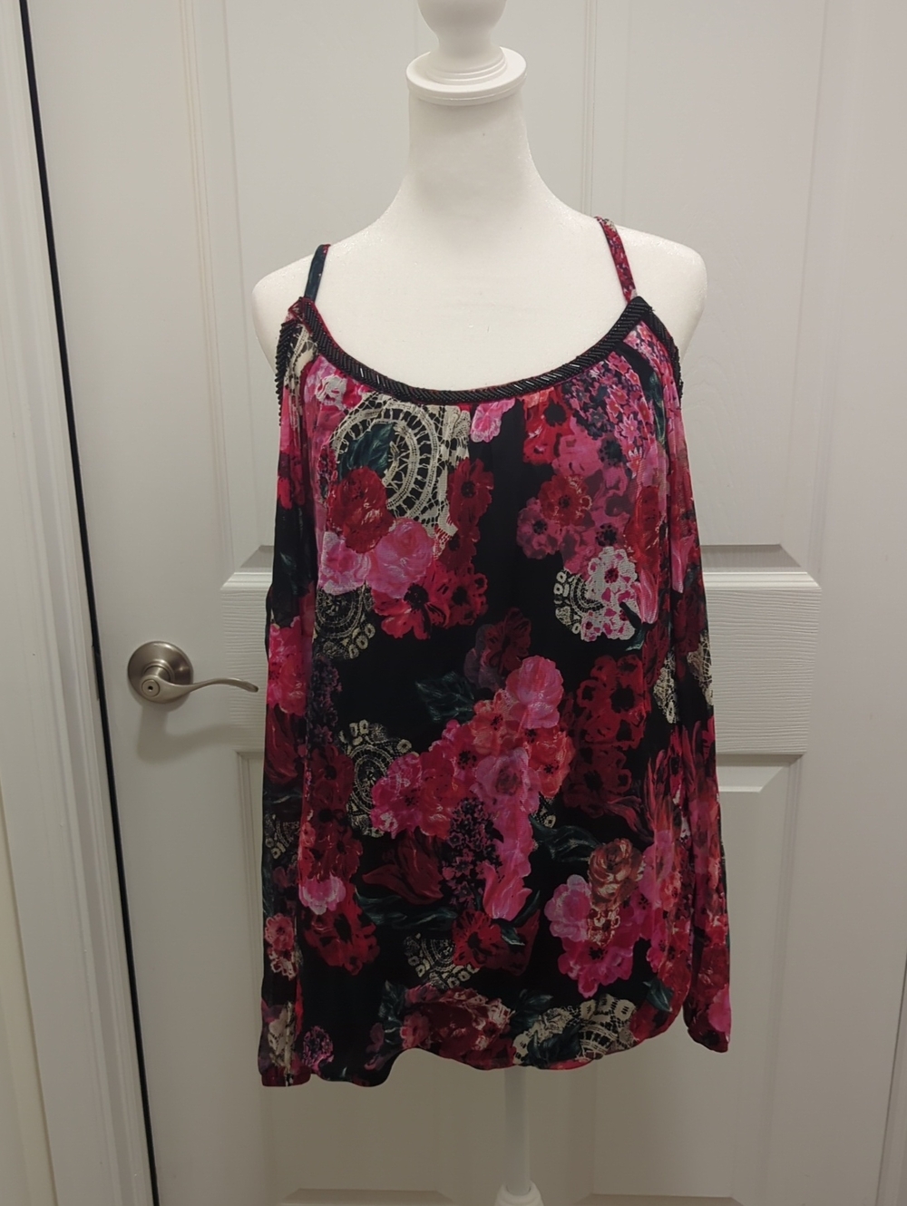 INC International Concepts Black & Pink Floral Cold-Shoulder Cami